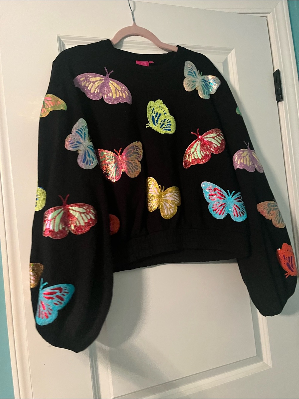 QUEEN OF SPARKLES Black Sequin Butterfly Pullover